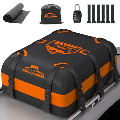 Rymopuey Roof Box 20Cubes/566L, Roof Box for Car 700D Orange, Roof Box with Non-Slip Pads and 10 Fastening Straps, Pto for Cars with/without Luggage Rack
