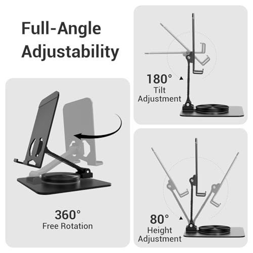 Euqvunn Desk Phone Holder [360° Click Rotation], Adjustable Height Multi-Angle Phone Holder, Foldable Phone Desk, Universal for All Phones and Tablets Phone Holder