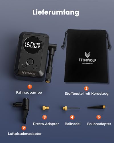 ETENWOLF Elektrische Fahrradpumpe,10,34 BAR Tragbare Reifenpumpe mit Presta und Schrader Ventil für Mountainbike,Rennrad,Motorrad,Ball,Schnellbefüllung&Auto-Stopp Luftpumpe mit Manometer