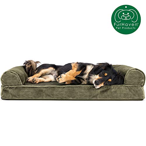 Furhaven Pet Dog Bed | Orthopedic Faux Fur & Velvet Traditional Sofa-Style Living Room Couch Pet Bed w/ Removable Cover for Dogs & Cats, Dark Sage, Medium