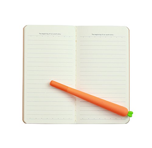 Cartoon Carrot Pocket Notebook with Carrot Shaped Gel Pen - 90 millimeters by 170 millimeters - 4 Pack with One Pen - 28 Sheets - 56 Pages - Perfect for Travel