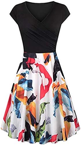 UOKNICE Dresses for Womens, Casual Vintage Long Sleeve V-Neck Print Evening Party Prom Swing Blouses Tops Dress