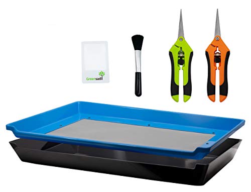 Greensadi Trimming Tray for Herbs After Harvest - Double Plastic Trays with 150 Micron Fine Mesh Pollen Screen for Collecting Dry Sift with Straight Blade and Curved Blade Scissors