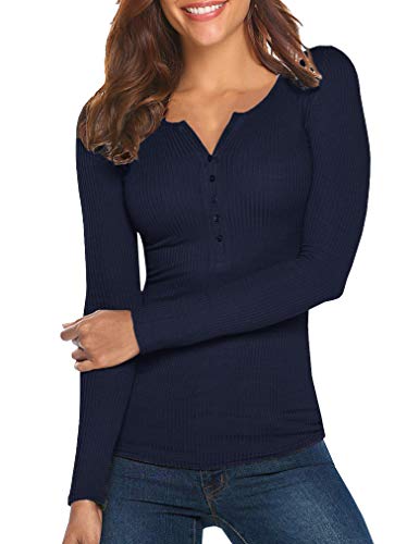Womens Henley, Womens Casual Henley Shirts Button Long Sleeve V Neck Slim Blouse Tops Navy Blue, S