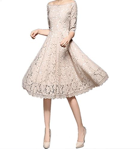 HUIJSNQ New 2017 Spring Fashion Europe Style Slash Neck Half Sleeve Elegant Slim Lace Party Dresses Women Casual Dress KhakiS