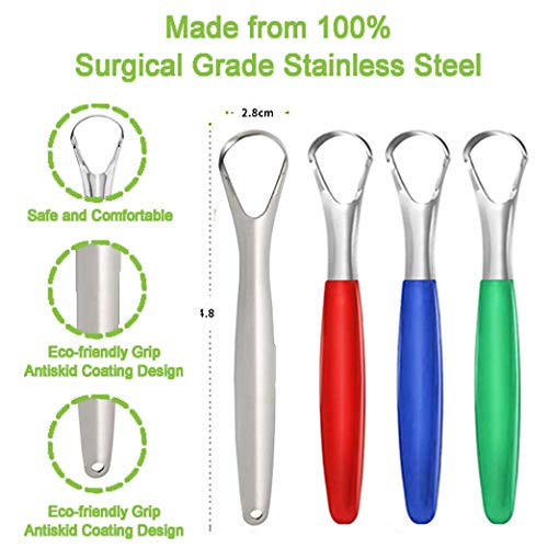 Tongue Scraper Cleaner Surgical Grade Stainless Steel (Pack of 4) - Tongue Cleaner for Adults, Kids, Men & Women - Cure Bad Breath with BPA-Free Metal Tongue Scrapers for Better Dental Hygiene