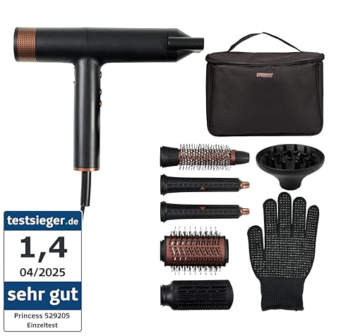 Princess Profi-Airstyler, 7-in-1 Stylingtool, 3 Heiz- & Geschwindigkeitsstufen, Ionenfunktion, Coolshot, 1,8m Kabel, Reisetasche, 7 Aufsätze, Hitzeschutzhandschuh, BLDC-Motor, 2000 W, 01.529205.01.001