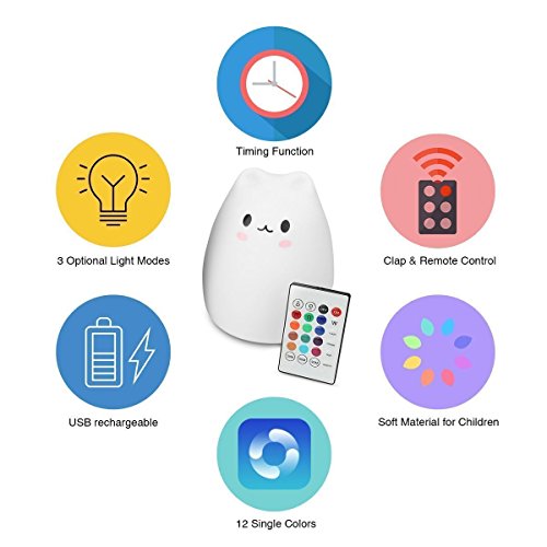 Children Night Light, Elfeland Remote Control LED Cute Silicone Cat Lamp 12+1 Colors/6 Lighting Modes/USB Rechargeable/Timing Off for Baby Kids Bedside Bedroom Nursery Birthday Gift Valentine Present