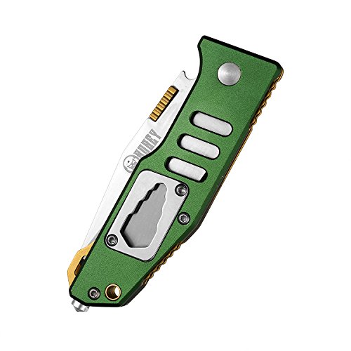 KUBEY EDC Multitool Pocket Folding Knife with Clip,Stainless Steel Tanto Blade,Anodized Aluminum Handle Glass Breaker Opener,3-4/5-Inch Closed (Green Golden)