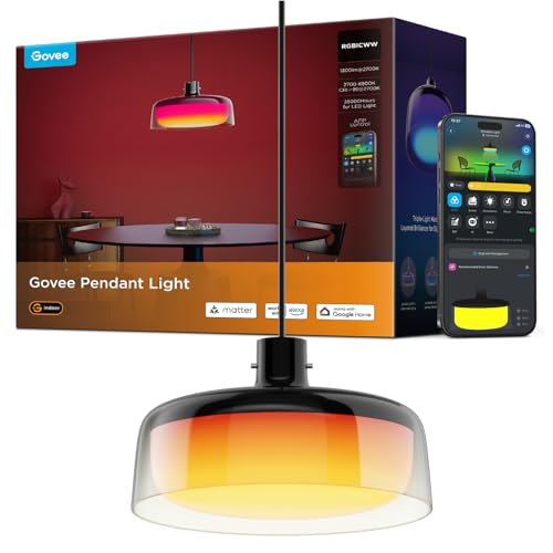 Govee Lámpara colgante para isla de cocina, iluminación inteligente RGBIC de tres capas, compatible con Matter, 1300LM 2700K-6500K regulable negra, accesorio de luz colgante que funciona con Alexa