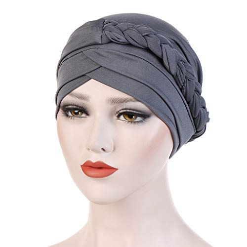 Dressin Muslim Caps Women's Elegant Stretch Flower Solid Color Turban Chemo Cancer Cap Hat Headwear Gray