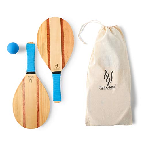 HOLYKING Wooden Beach Striped Paddle Ball Set - Tennis Racket Outdoor Sport Games