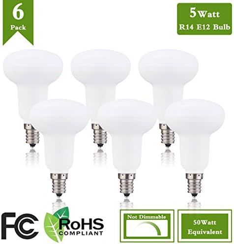 (Pack of 6)R14 LED light bulbs 5W 500Lumens E12 5000K Daylight White Household(Replaces 50 Watt Traditional light bulbs)120Volt,120Degree,CRI85+,Reflector Circular Umbrella Mushroom Lamp,Non Dimmable