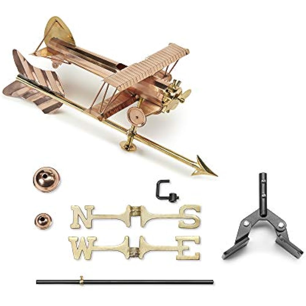 Biplane Arrow Weathervane, Includes Roof Mount, Pure Copper, Airplane