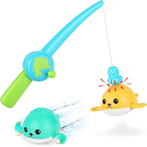 KINDIARY Bath Toys, Fishing Games with Windup Swimming Whales, Water Table Pool Fun