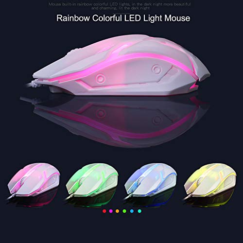Axiba Gaming Keyboard Mouse Sets USB Wired 104 Keys Rainbow LED Backlit Multimedia Ergonomic Gamer Keyboard + 2400DPI 4 Buttons Optical Game Mice + Mouse Pad for PC Laptop (White)