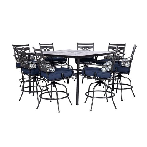 Hanover Montclair 9-Piece Outdoor Dining Set, 8 Swivel Counter-Height Chairs with Comfortable Seat and Lumbar Cushions, 60″ Stamped-Top Square Table, All-Weather Outdoor Patio Dining Set for 8