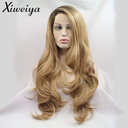 Xiweiya Long Wavy Hair Ombre Blonde Lace Wigs with Light Brown Roots 13x3 Lace Side Part Synthetic Lace Front Wig Heat Resistant Fiber Blonde Wigs for Women Daily Wear 24โ โ image 1