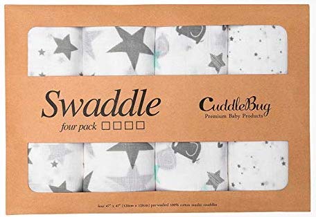 Muslin Baby Swaddle Blankets "Starry Nights" 4 Pack- CuddleBug 47 x 47 inch Large Muslin Swaddles - Soft Cotton Blankets - Baby Shower Gift - Perfect for Nursery Sets - Unisex