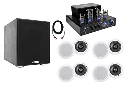 Rockville Bundle: (1) Rockville BluTube LED Tube Amplifier/Home Stereo Receiver Bundle with (4) HC655-16 Home Theater Speakers, (1) Rock Shaker Home Theater Sub, (1) RCDR10B Audio Cable (7 Items)