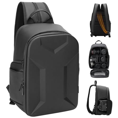 Cwatcun 2 in1 Camera Sling Bag, Camera Backpack Waterproof Leather Coating Shockproof Hardshell Camera Bag with Tripod Strap, Camera Case for Canon Nikon Sony Fuji DSLR SLR Mirrorless Camera & Lenses