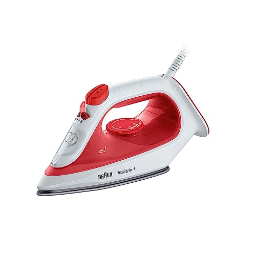 TexStyle 1 SI 1019 - Plancha de vapor con revestimiento antiadherente, termoestable, 25 g/min modo turbo, capacidad del depósito de agua 220 ml, 1900 W, rojo