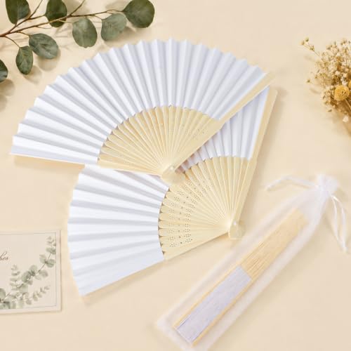 Coicok 12 x Wedding Fans, White Folding Wooden Paper Fans, Customisable Pack with 12 Organza Gift Bags, Japanese Fan for Wedding, Guest, Dance Party Decoration