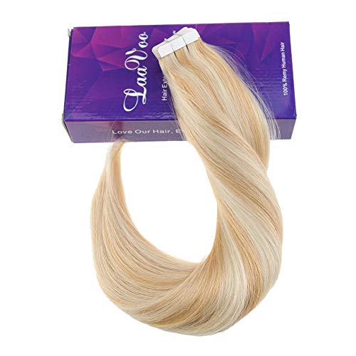 LaaVoo 14 inch Highlight Blonde Tape in Human Hair Extensions Color #27 Honey Blonde to Color #60 Light Blonde Seamless Human Hair Extension 20Pcs 50g/Package - Thumbnail 3