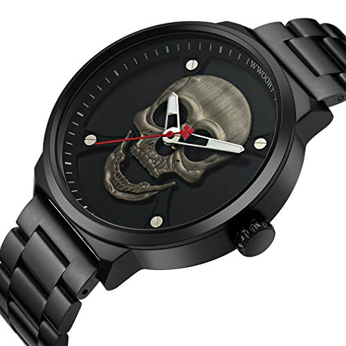 3D Skull Watch 30M Waterproof Steel Wrist Watch for Men WR67 (Silver Skull)