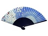 Japanese Design Silk Handheld Folding Fan, Sky Blue w/White and Plum Flowers HF-234