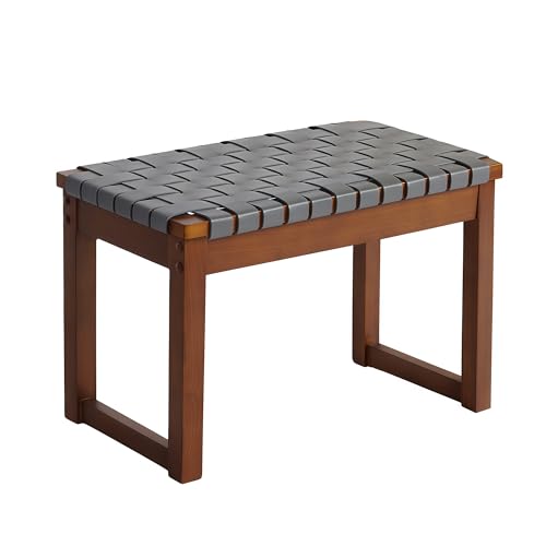 CangLong 26-Inch Wide Solid Wood Bench with Faux Leather Woven Strips Seat for…