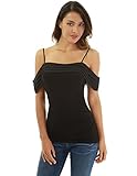 PattyBoutik Women Spaghetti Strap Cold Shoulder Chiffon Inset Blouse (Black Medium)