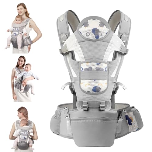 STANEW Baby Carrier Hip Seat & Head Hood, Breathable Detachable Infant Carrier, Adjustable Shoulder Straps, Waist Size up to 120cm for 0-48 Months Baby, Max Load 25kg