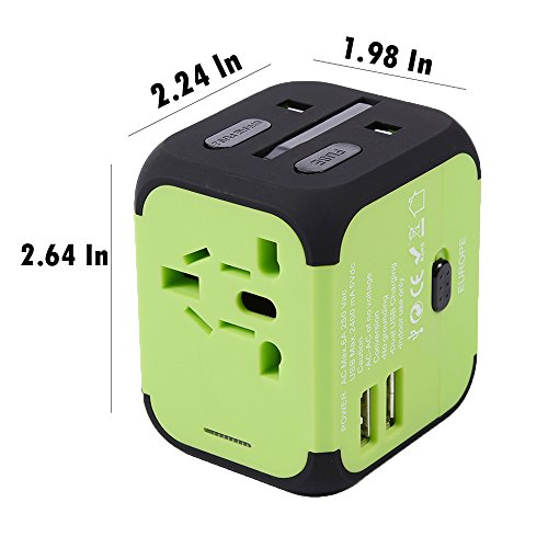 Maxracy International Travel Power Adapter with 2.4A Dual USB Charger and Built-in Spare Fuse Universal AC Wall Outlet Plugs All-in-One for UK, US, AU, Europe & Asia (Green) - Thumbnail 4