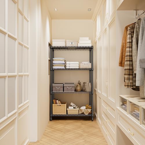 M MZG Metal Shelving Unit with 4 Levels, Load Capacity of 454 kg, Adjustable Shelves for Garage, Storage, Laundry and Kitchen, Study, Black, 35 x 90 x 151 cm