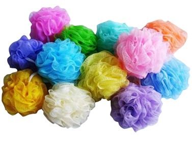 Set of 4 Large Quality Shower Mesh Bath Shower Sponge Ball Scrubber Pouf Exfoliation Body Puff Bath Scrubbers w/ Loop Rope Handle, Assorted Colors, approx 5", 80g