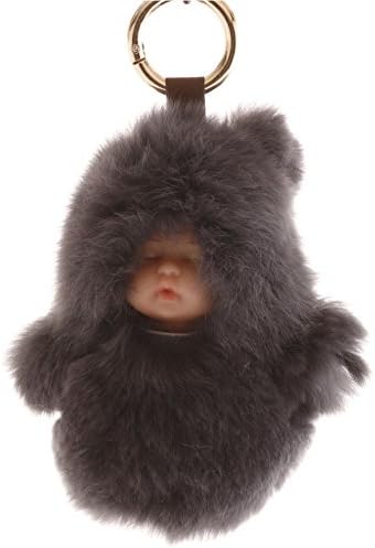 EOEO Baby Dolls Purse Car Pendant Rabbit Fur Keychain Plush Toy Bag Charm Key Ring (Dark gray)