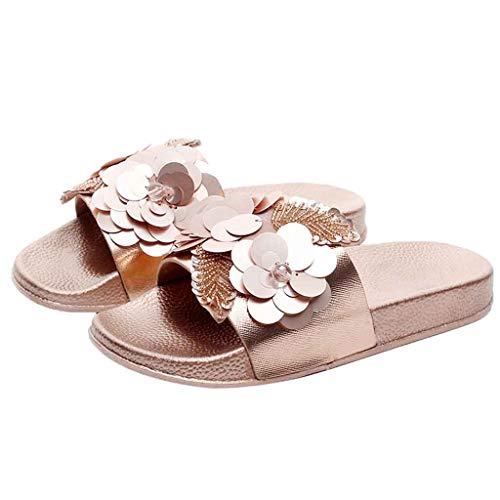 FAPIZI Boho Soft House Slippers Womens Flat Slides Sandals Sequin Flower Beach Platform Sliders Bath Slippers Shoes Gold