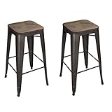 Joveco 30 inches Vintage Metal Dark Bronze Stools with Solid Wood Seat, Set of 2