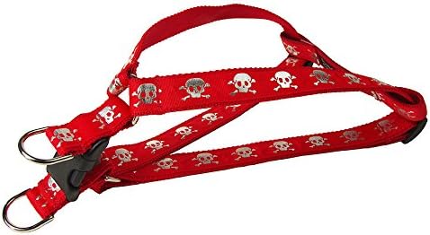 Medium Red Reflective Skull Dog Harness: 3/4" Wide, Adjusts 18-24" - Made in USA.