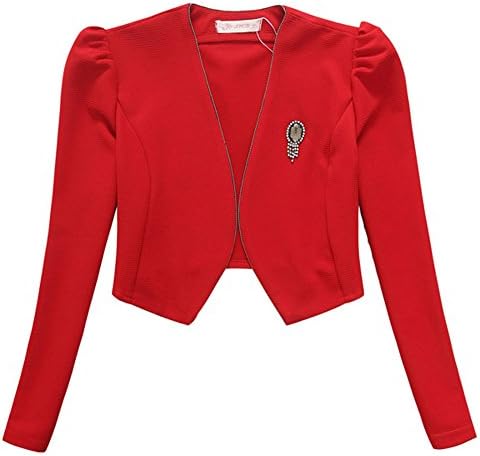 Modekini Women's Rhinestone Brooch Long Sleeves Cropped Jacket Red, US S