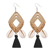 Gnc33Ouhen Women Geometric Earring Rhombic Cowrie Shell Tassel Charm Rattan Woven Statement Hook Earrings Black