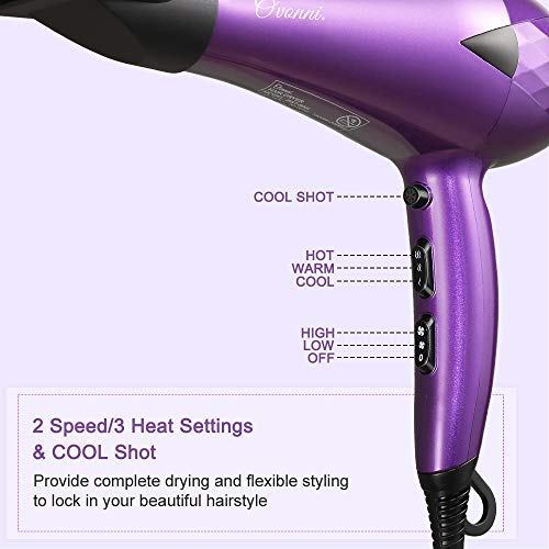 Ovonni Ionic Blow Dryer with Bonnet Hood, Pro 1875W Negative Ion Ceramic Tourmaline AC Moter Hair Dryer, 2 Speed/3 Heat Settings Cool Shot Long Life Styler Dryer with Concentrator/Nozzle (Purple)