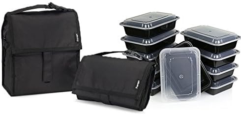 FamGo LunchBox Insulated Cooler Kit-Complete MealPrep Kit: Black Cooler W/ Zipper &amp; Velcro Closure, Foldable with 10 Reusable Bento Lunch and Food Storage Container with Airtight Lid, BPA Free,12 oz