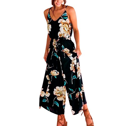 Click Here to See More Images Leewos Casual Jumpsuits,Women Sexy V Neck Floral Pattern Sling Rompers Loose Sleeveless Waist Long Playsuits (XL, Black)