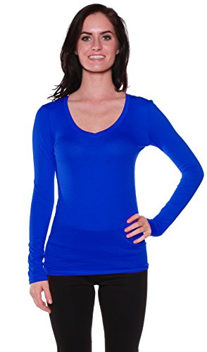 Active Basic Women's Plain Basic Cotton Blend Deep V Neck T Shirt with Long Sleeves,Small,Royal