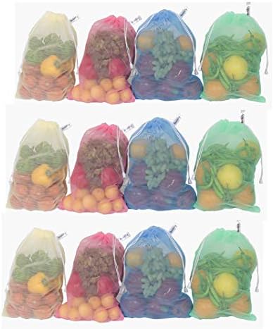 Beddify Set of 12 Premium Reusable Fridge Storage Bag for Vegetables and Fruits Dual Layer Pull String Bags (9X14 Inches)