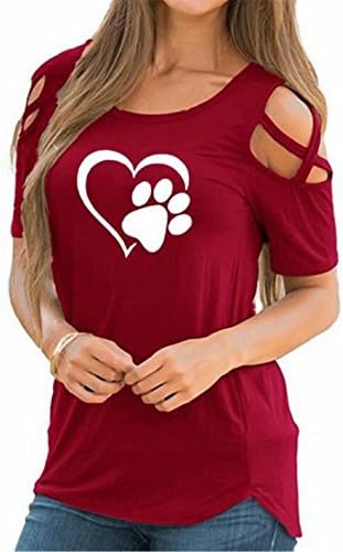 Womens Cut Out Shoulder Dog Paw Heart Printed T-Shirt Funny Summer Short Sleeve Tees Blouse