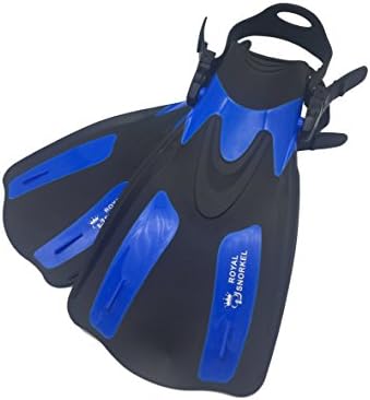 Adult Travel Short Fins for Snorkeling Scuba and Free Diving by Royal Snorkel-- Adjustable Lightweight and Flexible -- Open Heel Design -- For Men and Women (Blue, S/M)