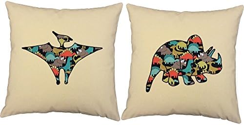 RoomCraft Set of 2 Triceratops and Pterodactyl Throw Pillow Covers 16x16 Inch Square Natural Cotton Embroidered Dinosaur Shams